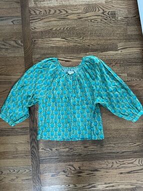 Emerson Fry Turquoise and Green Printed Peasant Top